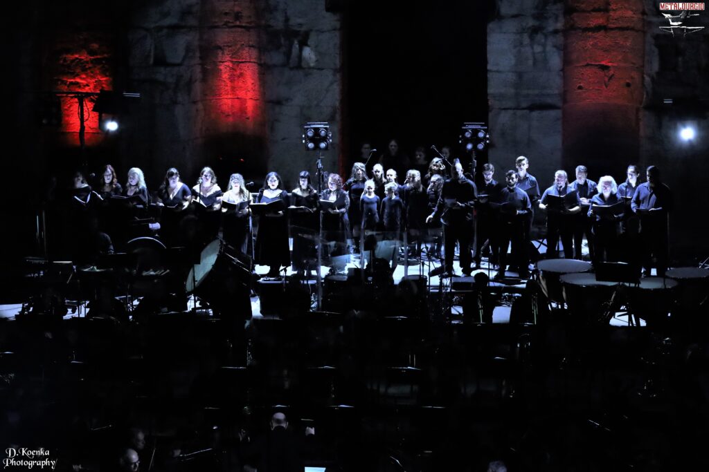 Septicflesh with orchestra and choir during their Live at the Acropolis concert.